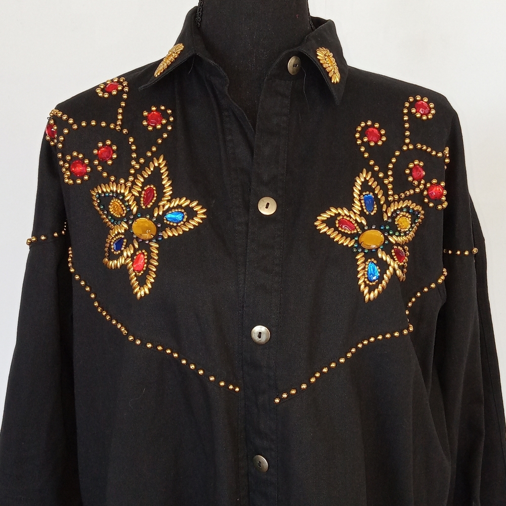 Western jeweled black denim button down - Picture 2 of 6